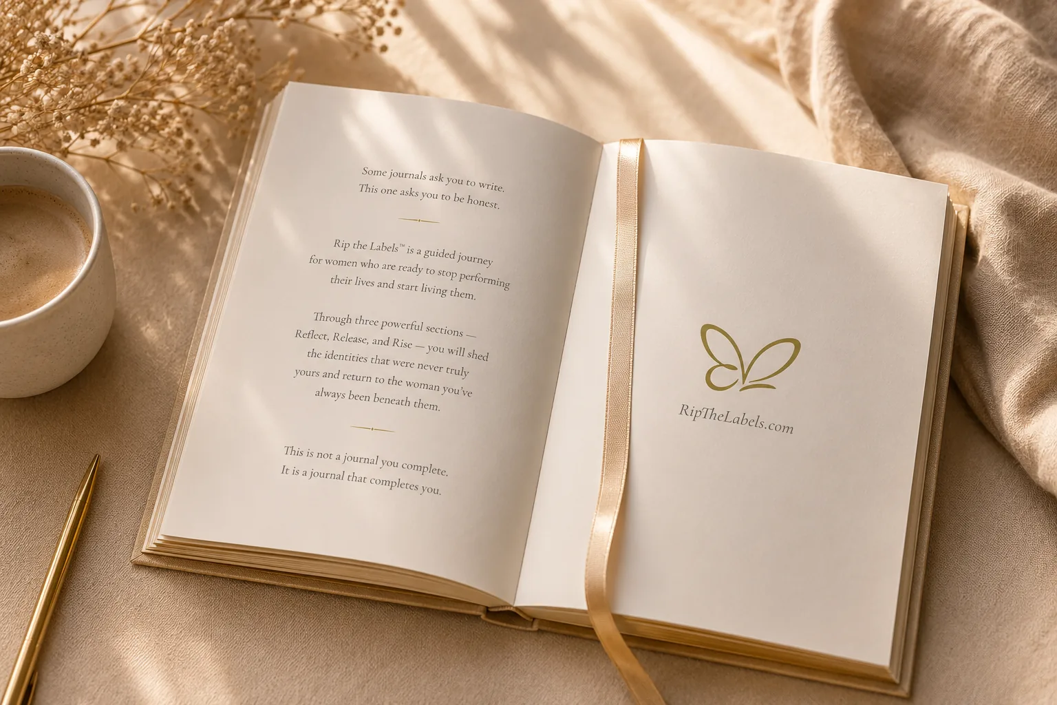 Rip the Labels Master Journal keepsake box with welcome card, dried florals, and silk ribbon