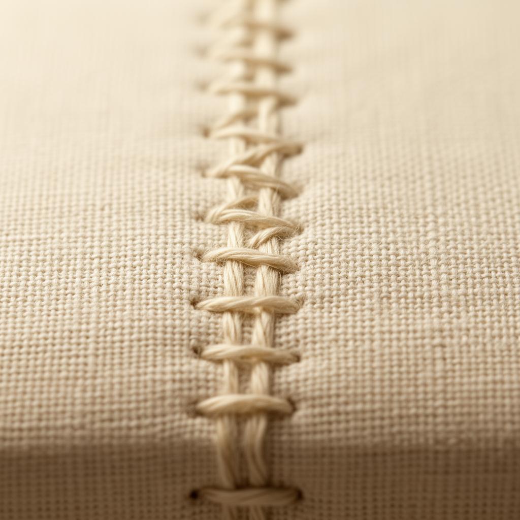 Hand-stitched binding detail on cream linen