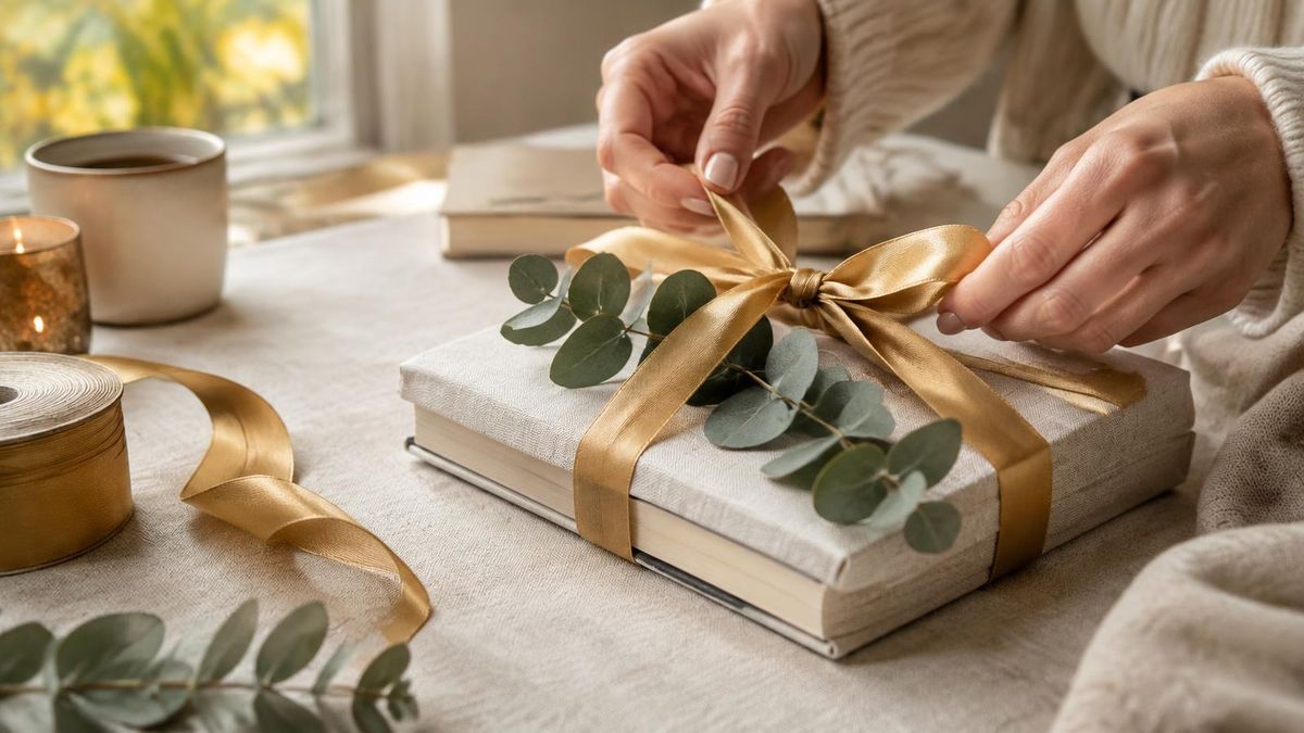 Hands tying gold ribbon around a cream linen journal gift with eucalyptus on a soft neutral surface.