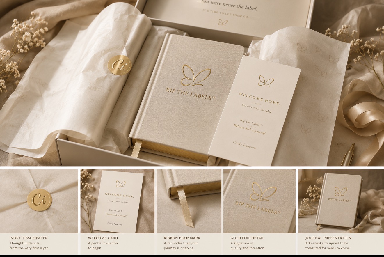 Rip the Labels keepsake unboxing: linen journal with gold foil butterfly, welcome card, gold wax seal, and ribbon bookmark