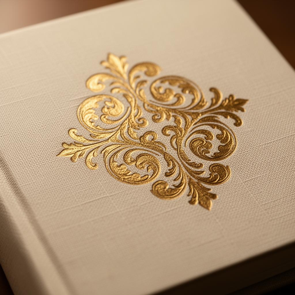 Ornate antique gold foil flourish pressed into linen
